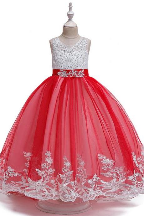 Long Flower Girls Dress Trailing Lace Tutu Wedding Birthday Formal Party Gown Kids Children Clothes Red