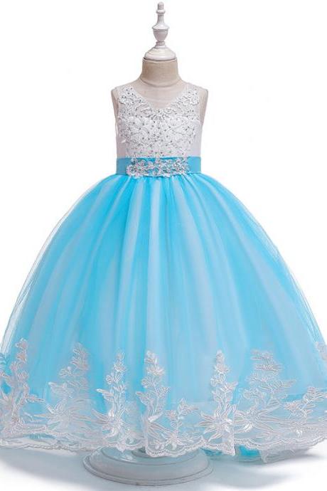 Long Flower Girls Dress Trailing Lace Tutu Wedding Birthday Formal Party Gown Kids Children Clothes Sky Blue