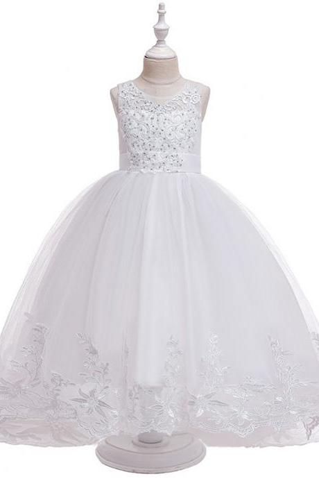 Long Flower Girls Dress Trailing Lace Tutu Wedding Birthday Formal Party Gown Kids Children Clothes White