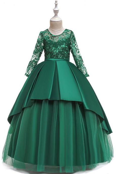Long Sleeve Flower Girls Dress Lace Tutu Wedding Birthday Formal Party Gown Kids Children Clothes green