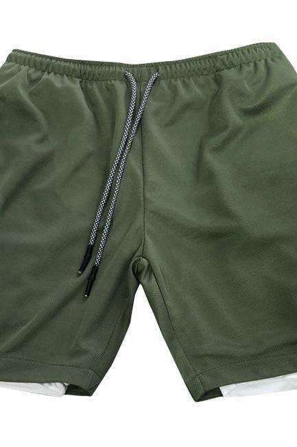 Men Sport Shorts Summer Quick Dry Double-Deck Bodybuilding Breathable Fitness Workout Casual Short Sweatpants army green