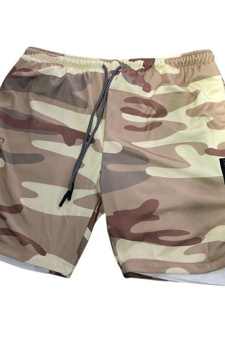 Men Sport Shorts Summer Quick Dry Double-Deck Bodybuilding Breathable Fitness Workout Casual Short Sweatpants yellow Camouflage