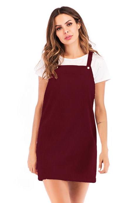  Women Casual Dress Corduroy Vest Overall Sleeveless Mini Suspender Dress wine red