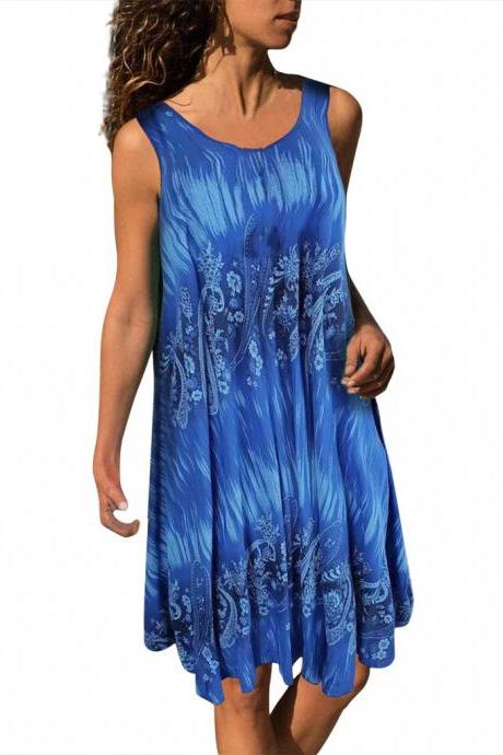 Women Casual Dress Floral Printed Summer Beach Boho Plus Size Sleeveless Loose Sundress blue
