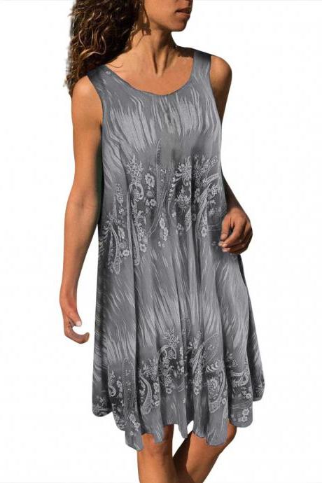 Women Casual Dress Floral Printed Summer Beach Boho Plus Size Sleeveless Loose Sundress gray