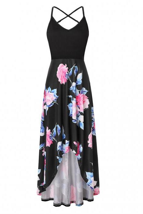  Women Floral Printed Maxi Dress V Neck Sleeveless Casual Summer Beach Boho Asymmetrical Dress 4#