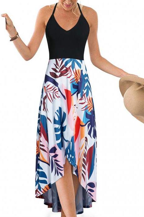  Women Floral Printed Maxi Dress V Neck Sleeveless Casual Summer Beach Boho Asymmetrical Dress 7#