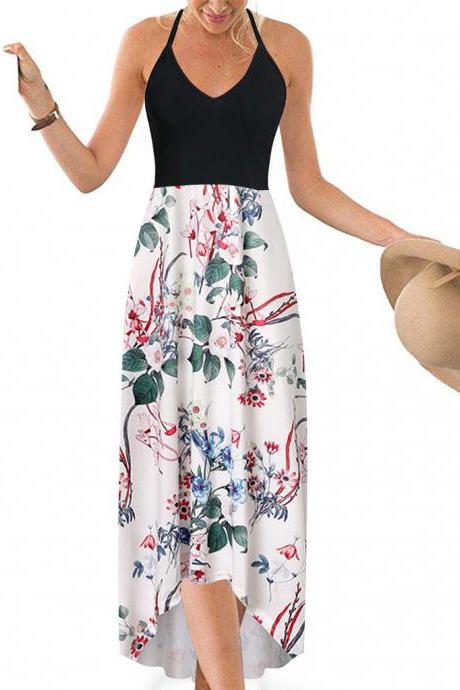  Women Floral Printed Maxi Dress V Neck Sleeveless Casual Summer Beach Boho Asymmetrical Dress 8#