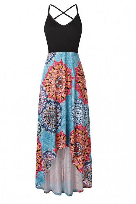  Women Floral Printed Maxi Dress V Neck Sleeveless Casual Summer Beach Boho Asymmetrical Dress 11#