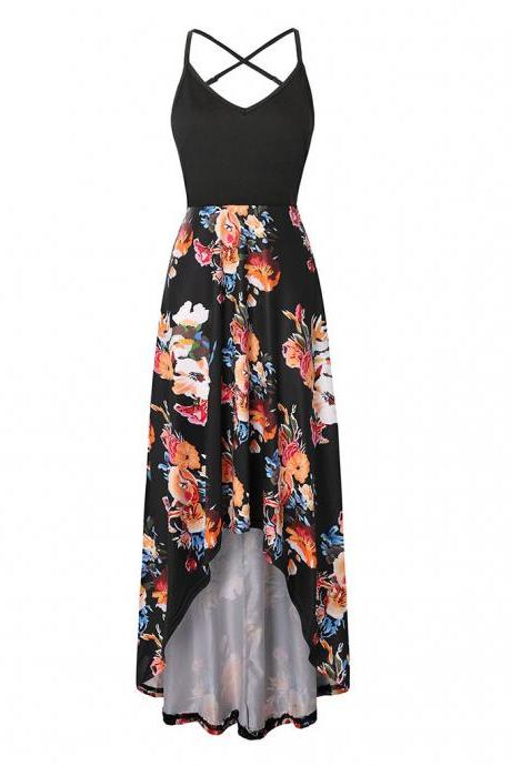  Women Floral Printed Maxi Dress V Neck Sleeveless Casual Summer Beach Boho Asymmetrical Dress 13#