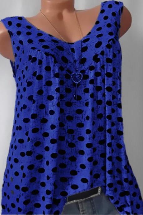 Women Polka Dot Tank Tops V-neck Casual Loose Vest Plus Size Summer Sleeveless T-Shirt blue