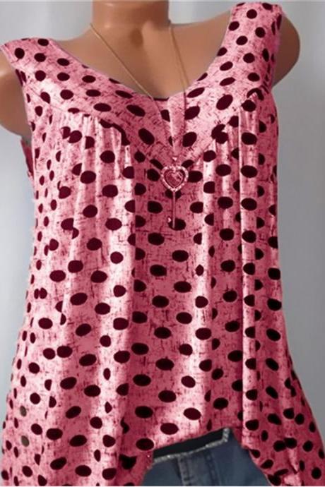  Women Polka Dot Tank Tops V-neck Casual Loose Vest Plus Size Summer Sleeveless T-Shirt pink