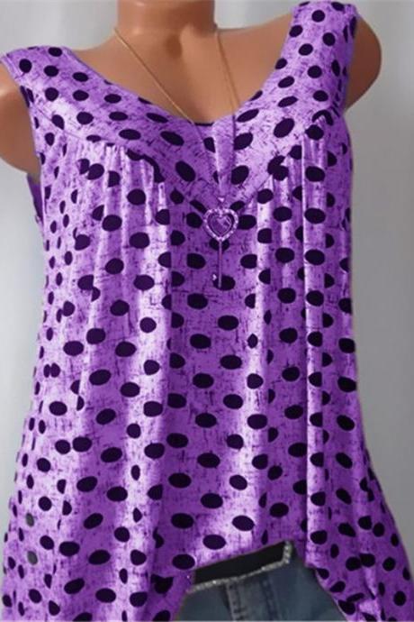 Women Polka Dot Tank Tops V-neck Casual Loose Vest Plus Size Summer Sleeveless T-Shirt purple