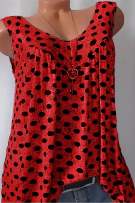 Women Polka Dot Tank Tops V-neck Casual Loose Vest Plus Size Summer Sleeveless T-Shirt red