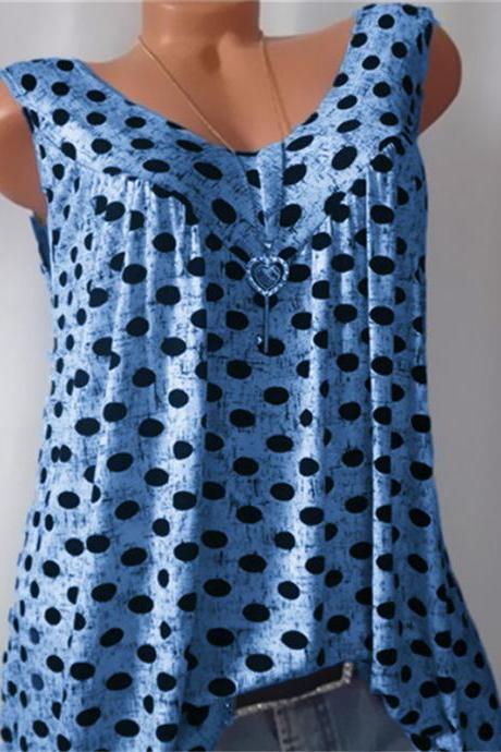 Women Polka Dot Tank Tops V-neck Casual Loose Vest Plus Size Summer Sleeveless T-Shirt sky blue