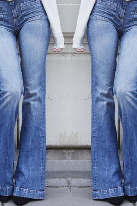 Women Flare Jeans High Waist Stretch Slim Casual Skinny Denim Pants blue