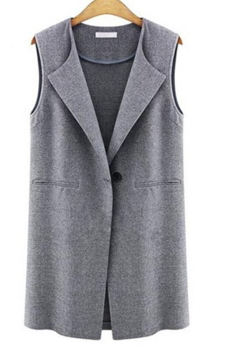 New Womens Waistcoat Blazer Jacket Loose Vest Coat Sleeveless Long Cardigan gray