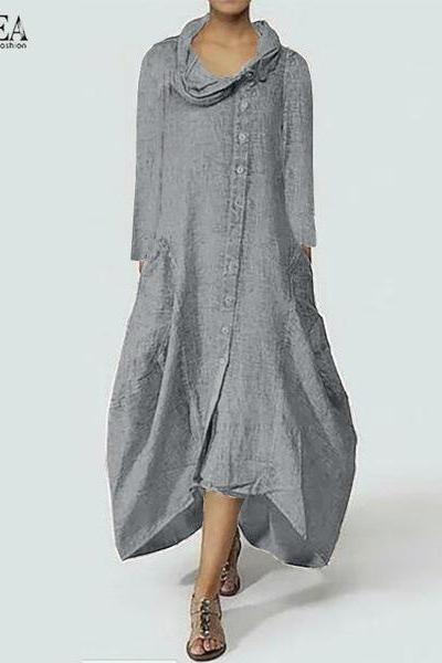  Women Buttons Asymmetrical Shirt Dress Irregular Loose Plus Size Midi Dress gray