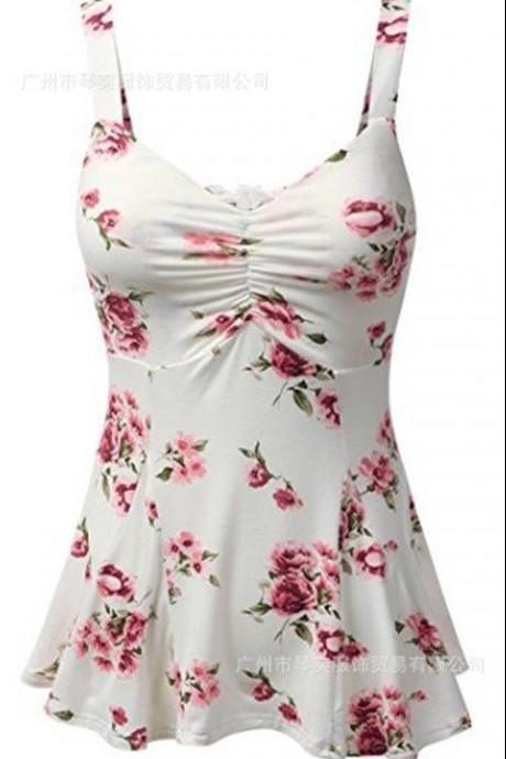  Womens Sleeveless Shirt dress Vintage Floral V Neck Tank Top Floral Summer Vest dress white