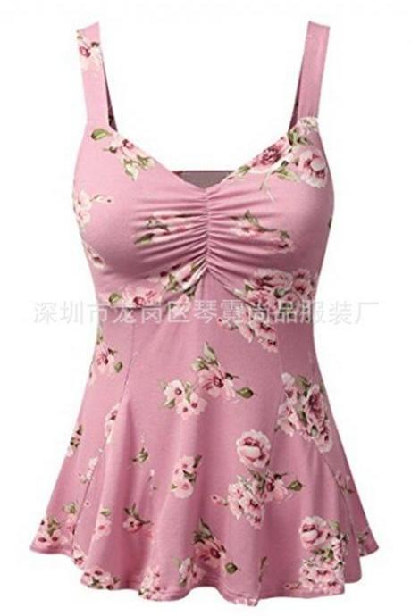  Womens Sleeveless Shirt dress Vintage Floral V Neck Tank Top Floral Summer Vest dress pink