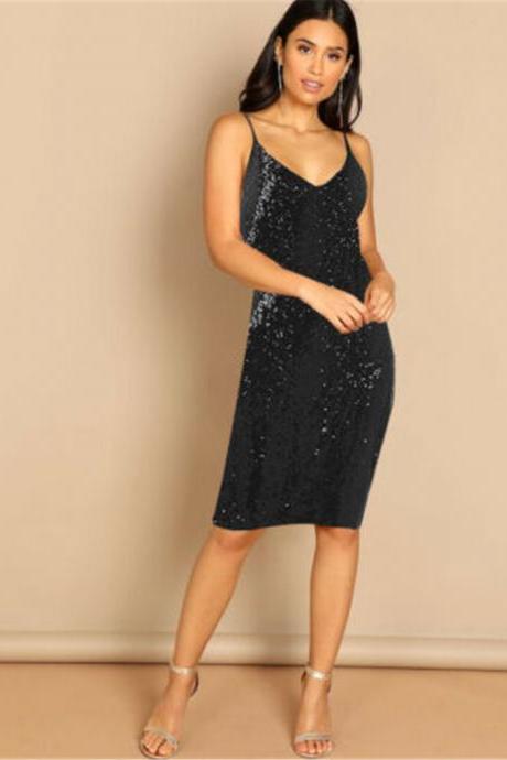 Fashion Sexy Women Ladies Sleeveless Sequins Bodycon Evening Party Formal Dress black