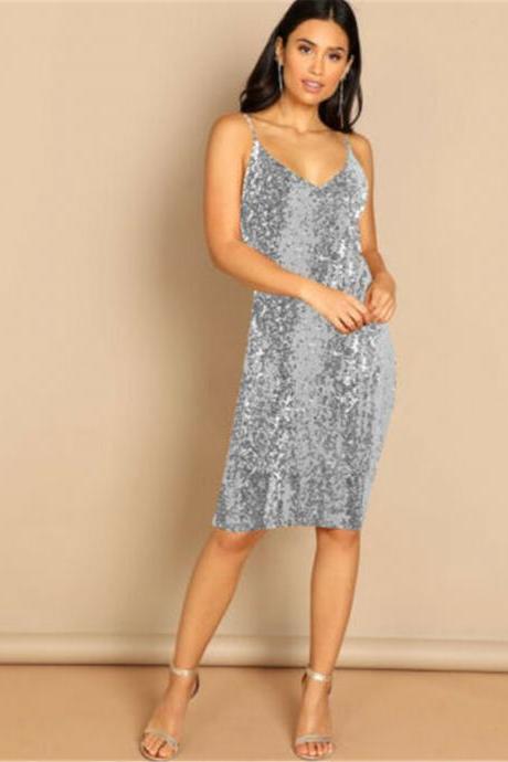  Fashion Sexy Women Ladies Sleeveless Sequins Bodycon Evening Party Formal Dress silver