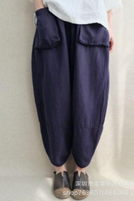 Women Oversize Harem Pants Loose Vintage Ethnic Plus Size Trousers Pants Navy Blue