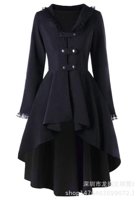 Vintage Victorian Women Lady Steampunk Swallow Tail Goth Long Trench Coat Jacket black