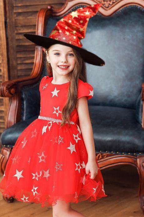 Halloween Kids Girls Witch Dress+Hat Cosplay Fancy Party Princess Dresses Outfit red