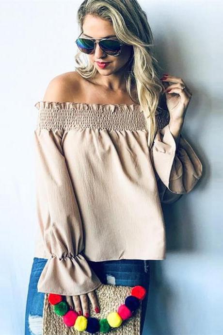  Women Off Shoulder Blouses Bell sleeve Longt Sleeve Sexy Strapless Casual Solid Cold Shoulder Blouses apricot