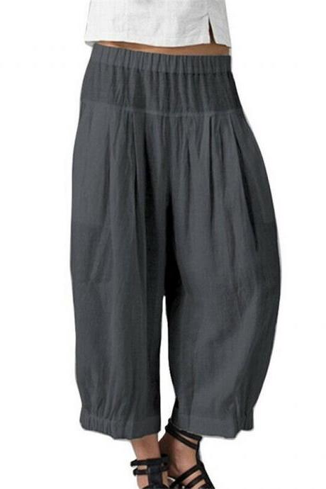 Women Pant Solid Elastic Waist Nine Point Wide Leg Pant With Pocket Pant gray
