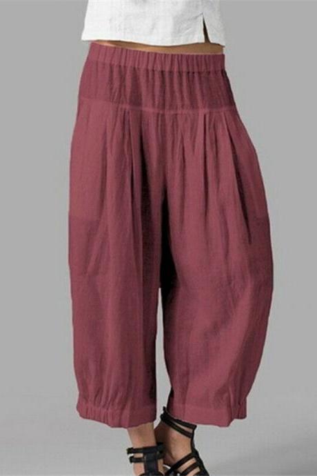 Women Pant Solid Elastic Waist Nine Point Wide Leg Pant With Pocket Pant jujube