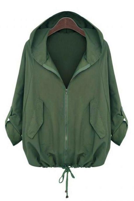  Fashion Women Casual Sport Zipper Hooded Matching Pocket Sweatshirt Jacket Coat green