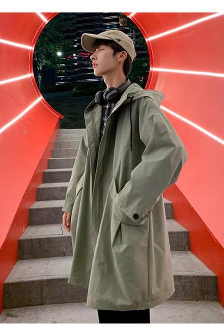 2019 Autumn New Mens Trend Korean Loose Casual Hooded Jacket thin Trench Coat sz gray green