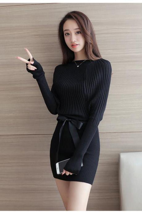 Womens Long Sleeves Belt Knitted Sweater Wrap Dress Slim Fit Fashion Skirt black