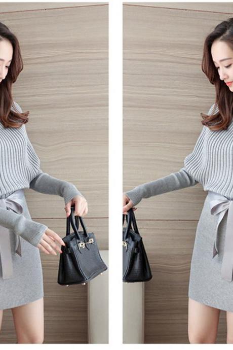 Womens Long Sleeves Belt Knitted Sweater Wrap Dress Slim Fit Fashion Skirt gray