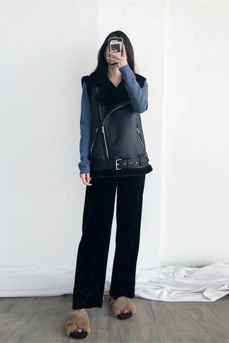  2019 New Womens Suede belt vest Aviator Leather Coat fur liner Thicken jacket black