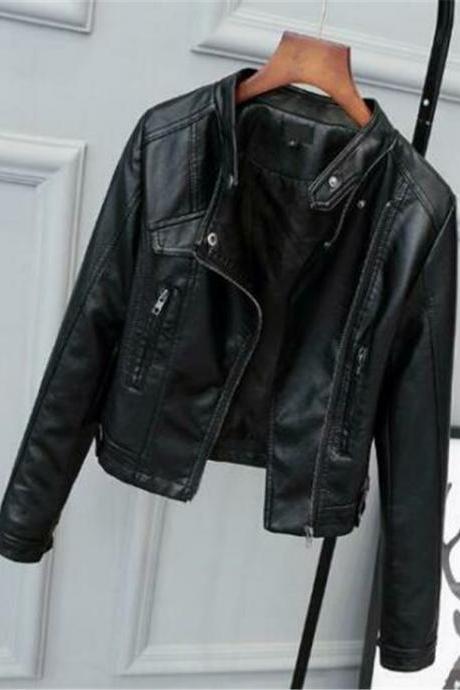 Women Vintage Fashion Slim Leather Jacket Motorcycle Biker Pu Casual Short Coat