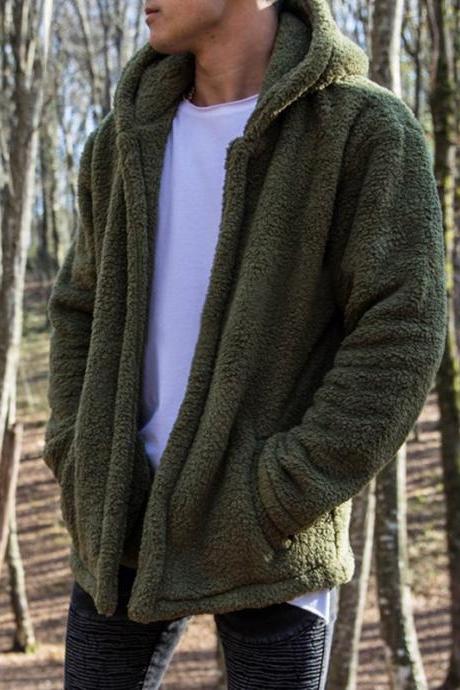  Men's Fleece Solid Color Hoodie Coat Long Sleeve Casual Pocket Thick Coat Jacket