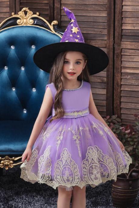Halloween 3-10 Years Baby Girl Dress Wedding Girls Kids Party Bow Tutu Princess Elegant Lace Gold Thread Embroidery