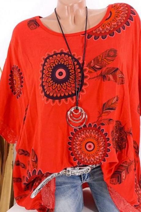  Women casual tops new style loose sequins feather printed round neck short-sleeved T-shirt