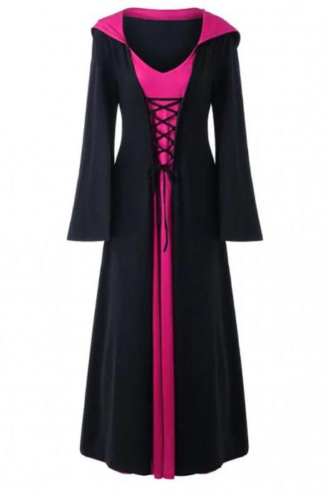  Women Halloween casual dress Witch Hoodie long sleeve lace up plus size Loose maxi Dress