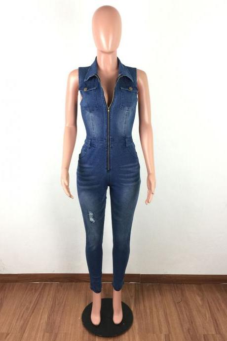  Women sleeveless jumpsuit zipper denim club party bodycon jeans Bodysuit