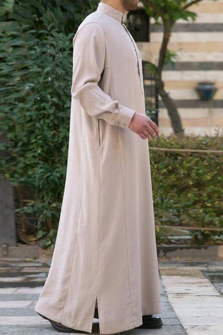 Men Robes Kaftan Muslim Cotton Thobe Arab Islamic Sleeve Solid Loungewear Plus Size Arabia Man Abaya