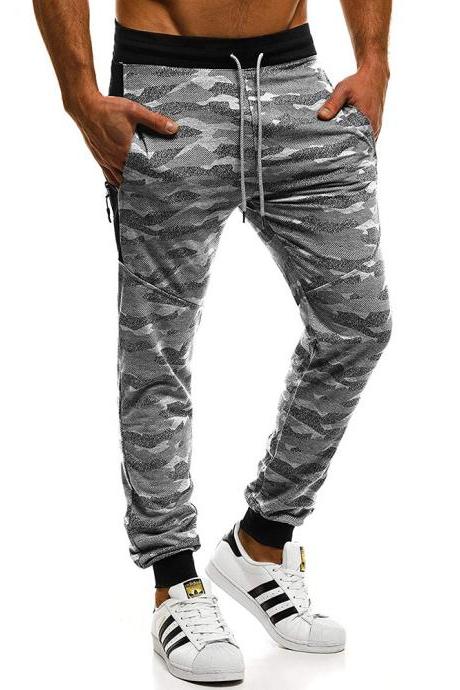 Men casual autumn winter trousers trend camouflage stitching sports fitness running loose beam feet trousers