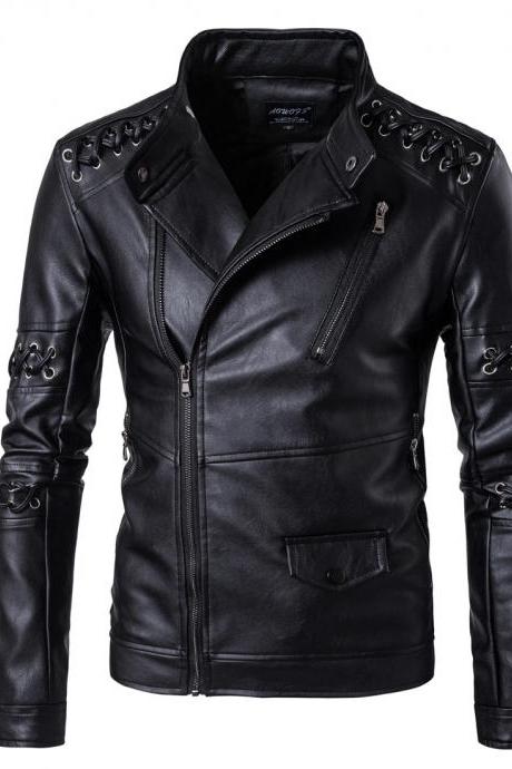 Design Men Pu Leather Jackets Stand Collarlong Sleeves Braided Rope Motorcycle Leather Jacket Male Coat