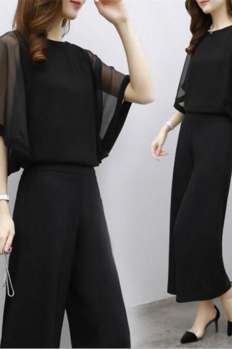 Woman Two piece sets Girl Plus Size Black Outfits Fashion Chiffon Tops+Loose Pants Clothes