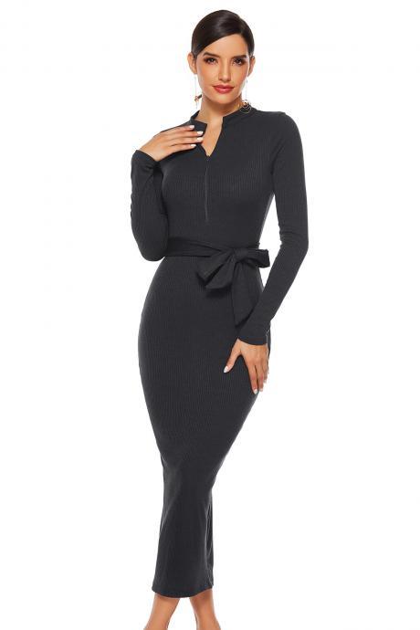 Fall Winter Women Dress Long Sleeve Skirt Solid Sexy Stand Collar Slim Knit Dress