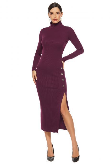 2019 autumn winter women dress solid color side slit sexy sweater skirt long sleeve stretch Slim knit dress