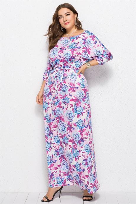 New women Plus size dress Round neck 3/4sleeve Casual digital print maxi dress